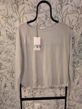 Zara Metallic Shimmer Lightweight Sweater NWT Size Medium Silver
